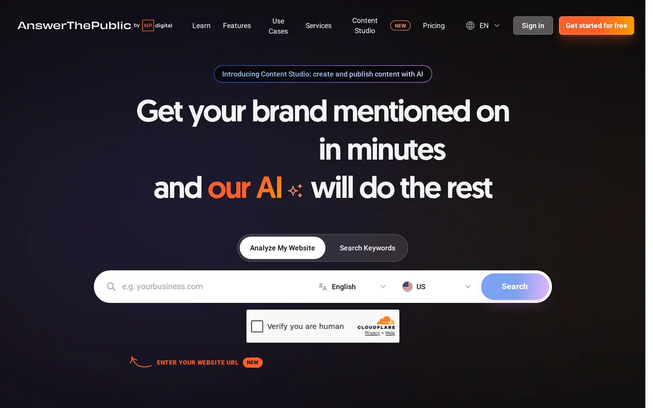 The AnswerThePublic homepage