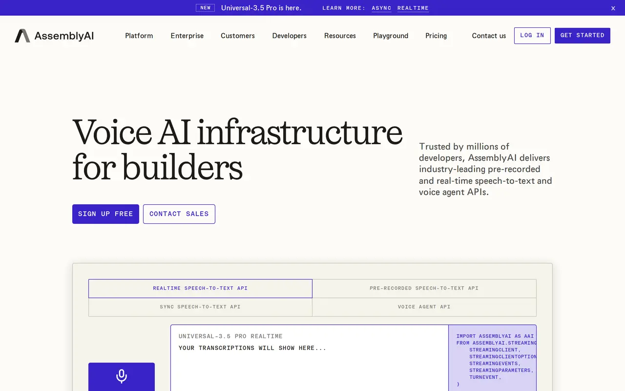 The AssemblyAI homepage