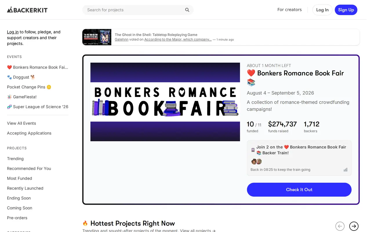 The BackerKit homepage