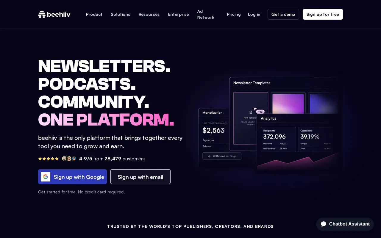 The beehiiv homepage