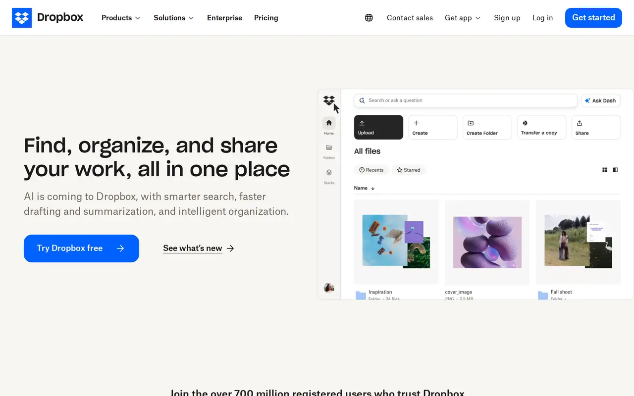 The Dropbox homepage