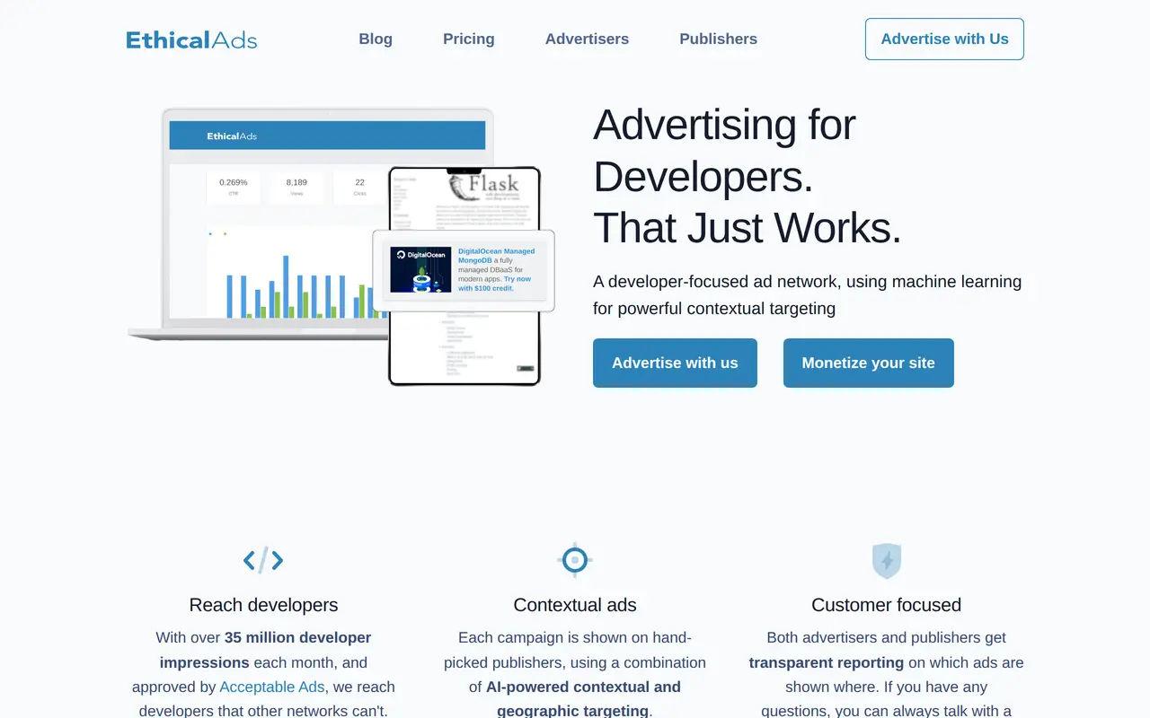 The EthicalAds homepage