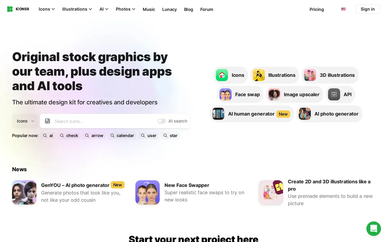 The Icons8 homepage