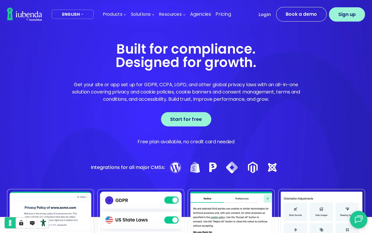 The iubenda homepage