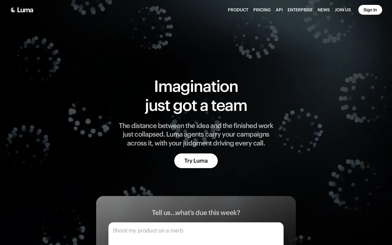 The Luma AI homepage