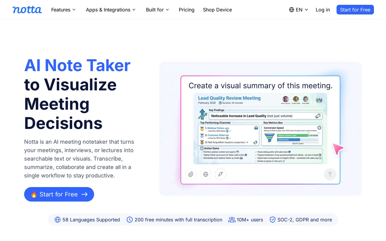 The Notta homepage