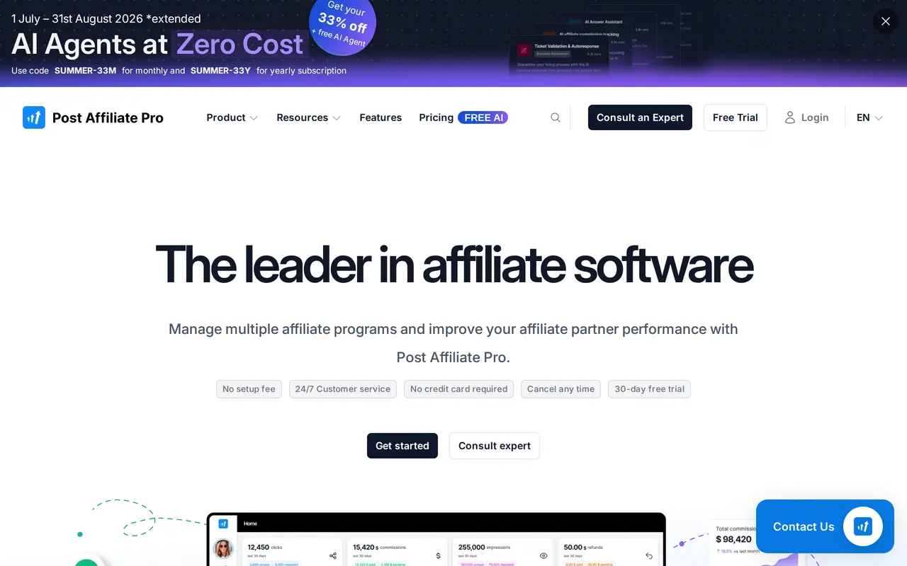 The Post Affiliate Pro homepage