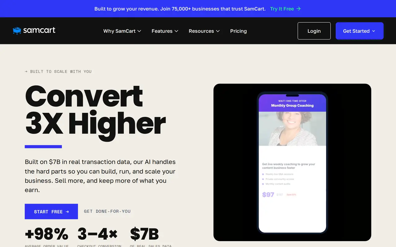 The SamCart homepage