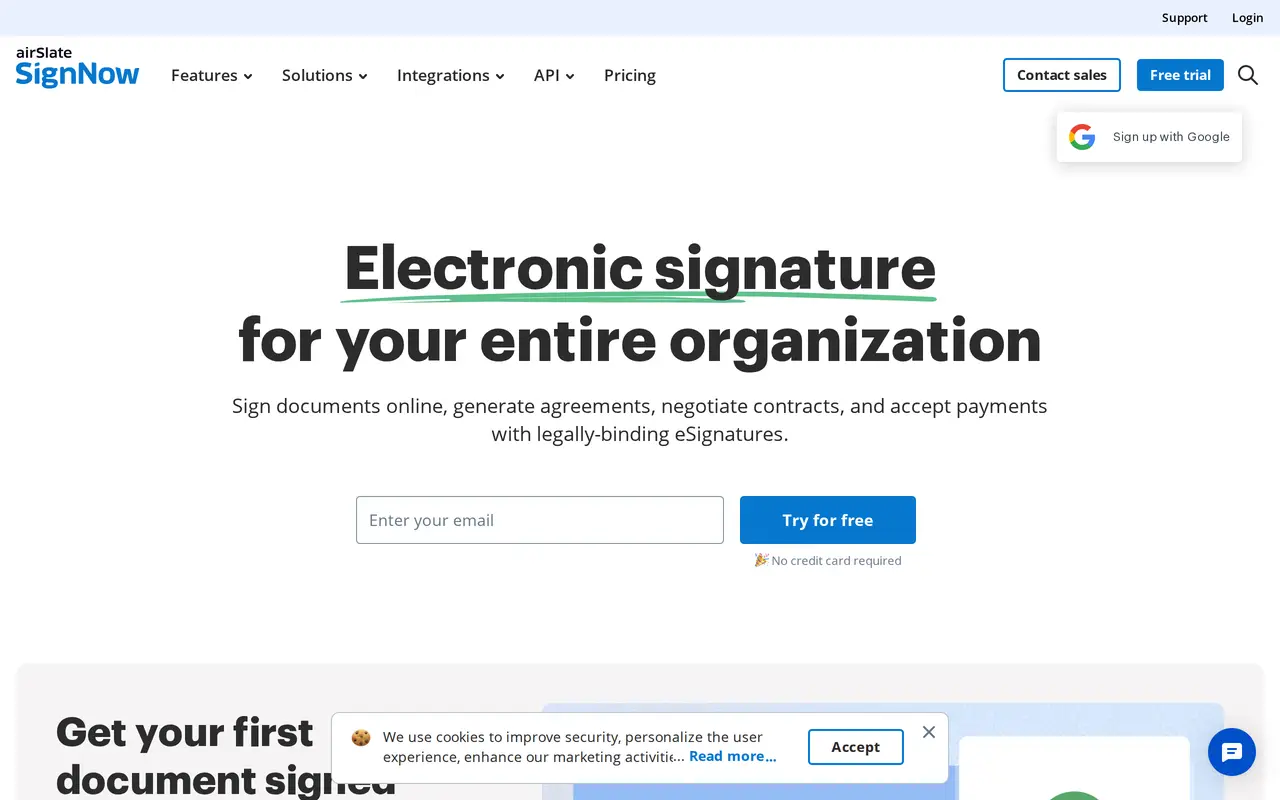 The signNow homepage