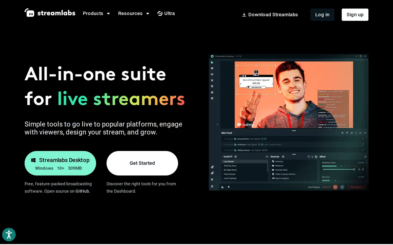 The Streamlabs homepage