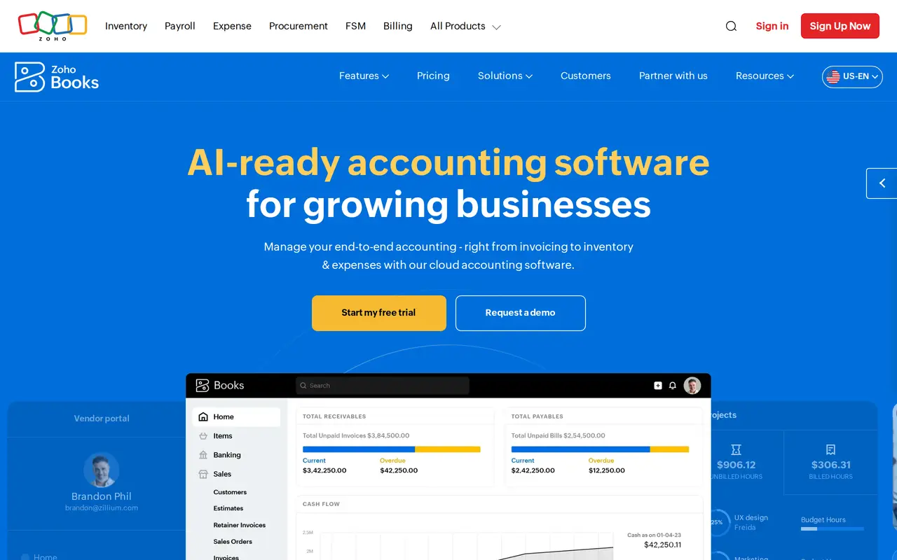 The Zoho Books homepage