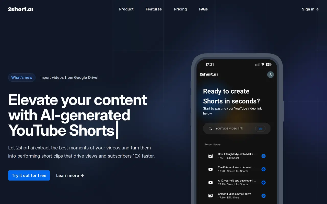 The 2short.ai homepage