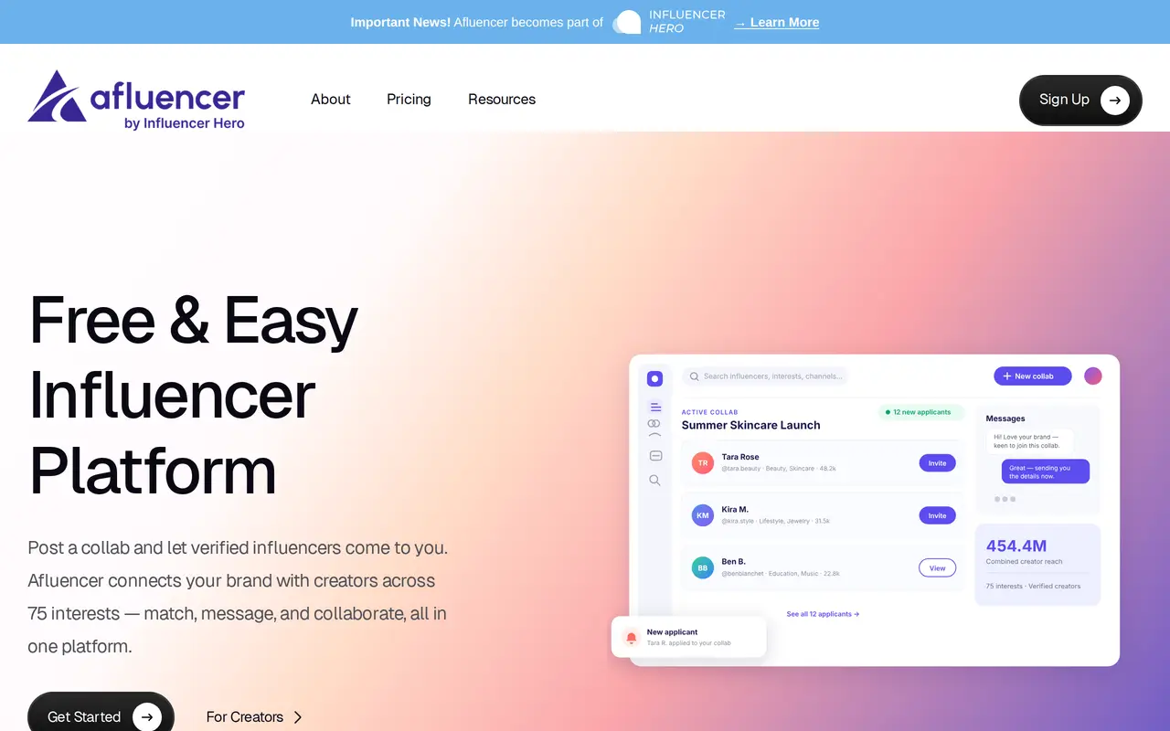 The Afluencer homepage