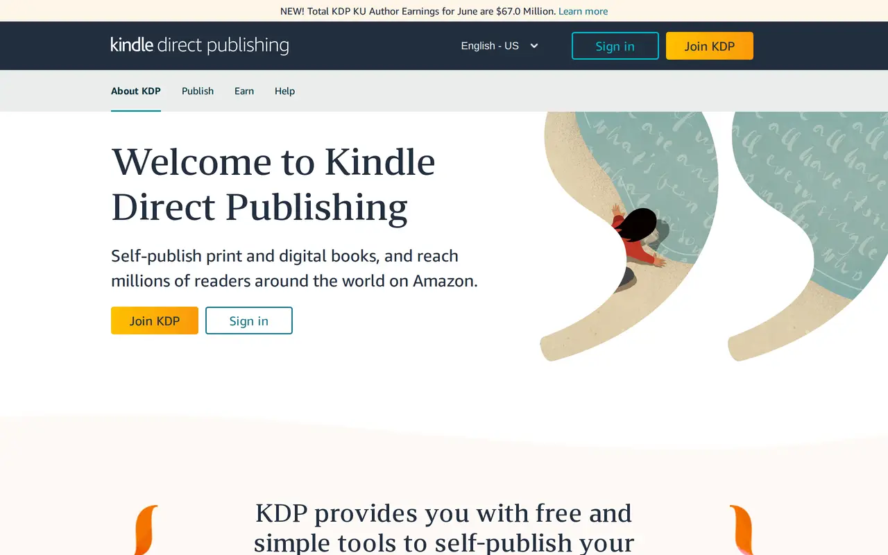 The Amazon KDP homepage