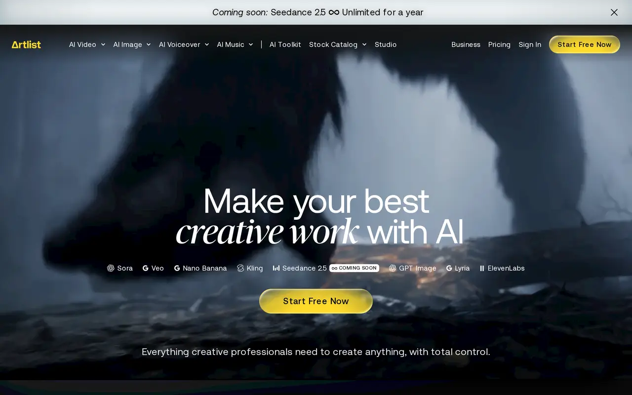The Artlist homepage