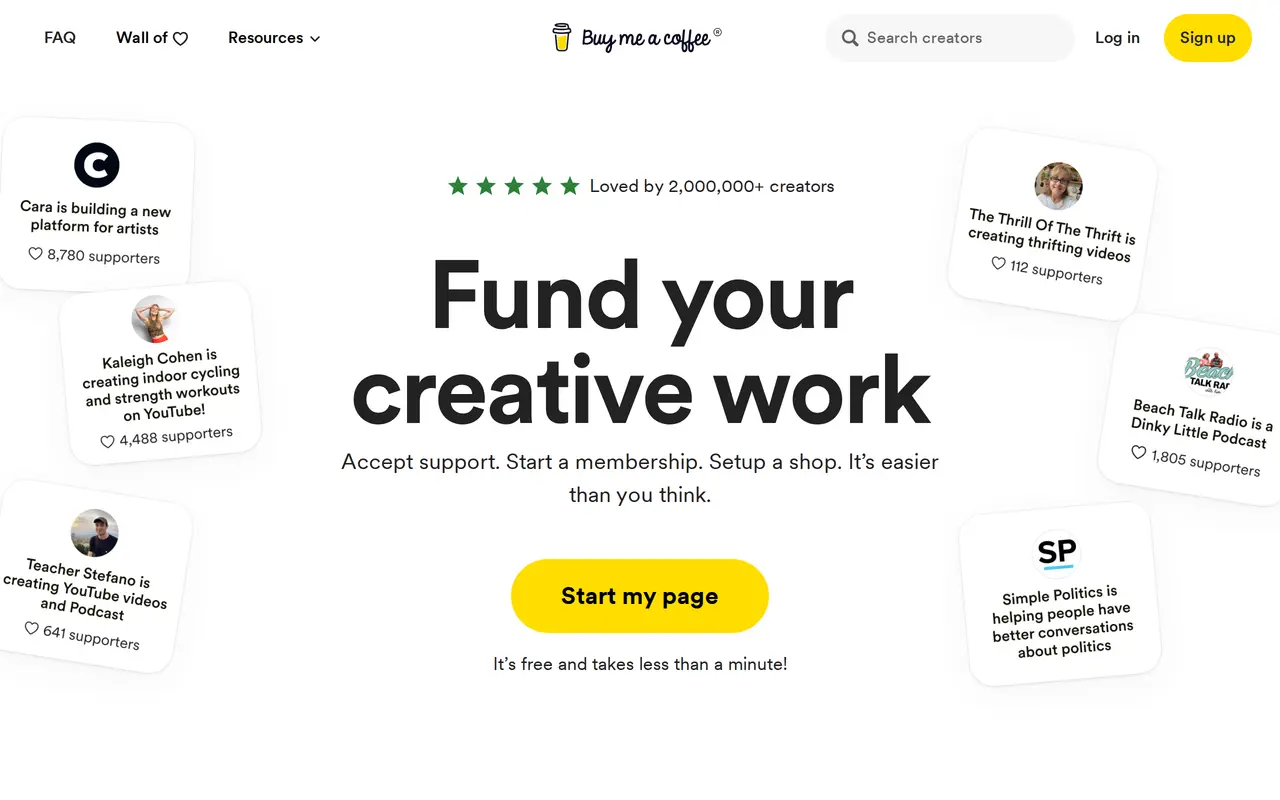 The Buy Me a Coffee homepage