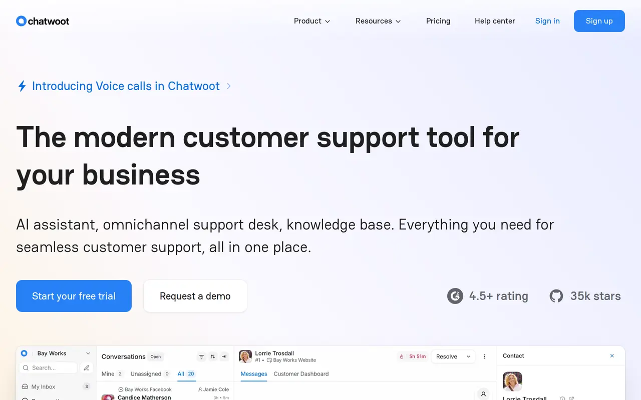 The Chatwoot homepage