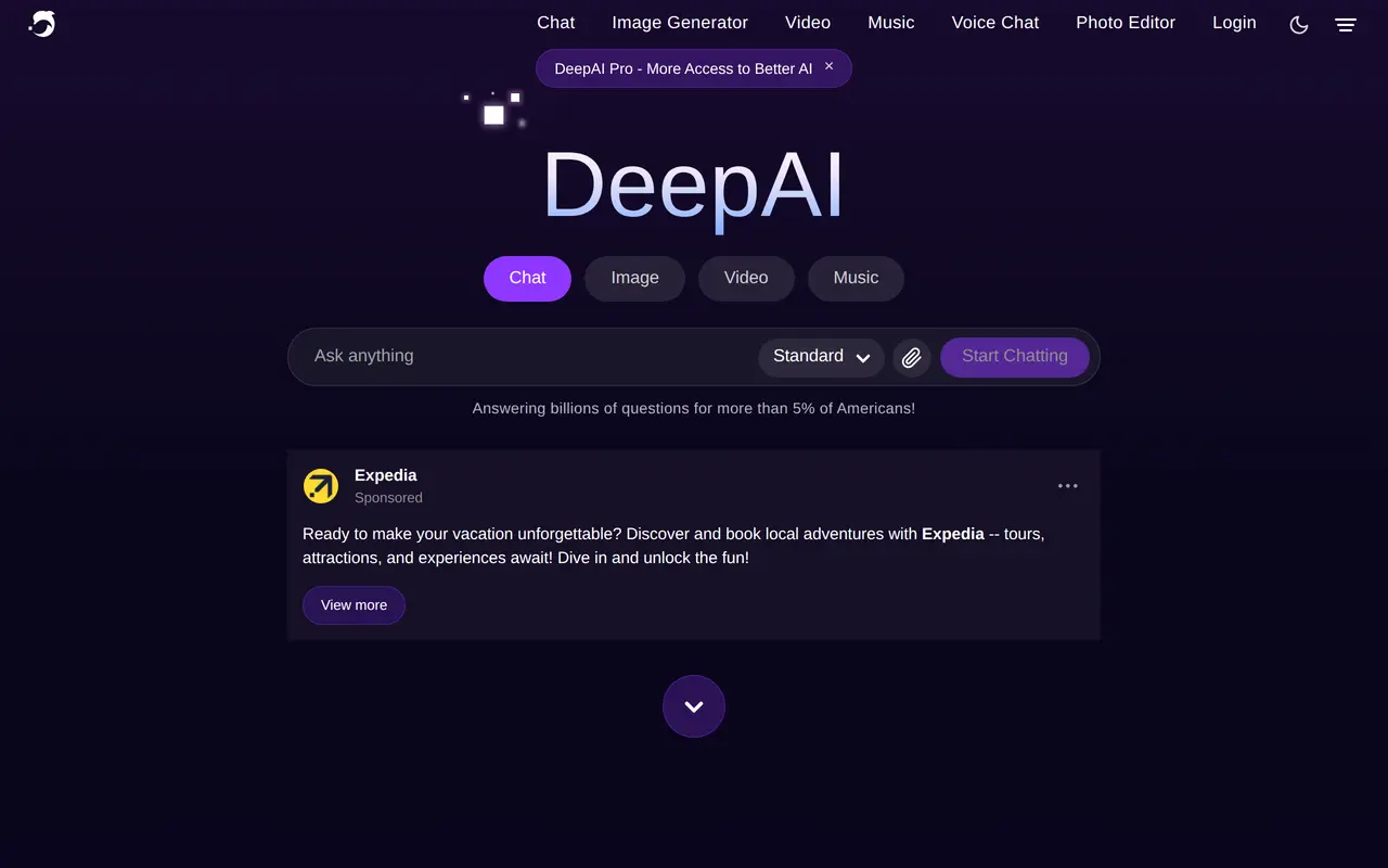 The DeepAI homepage