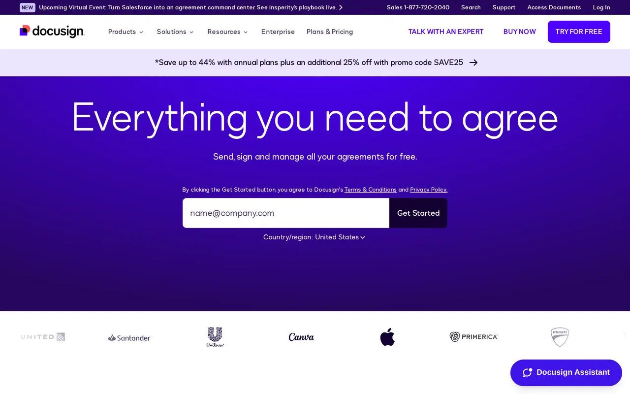 The Docusign homepage