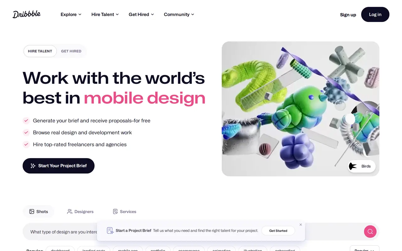 The Dribbble homepage