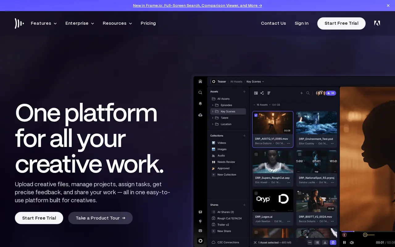 The Frame.io homepage