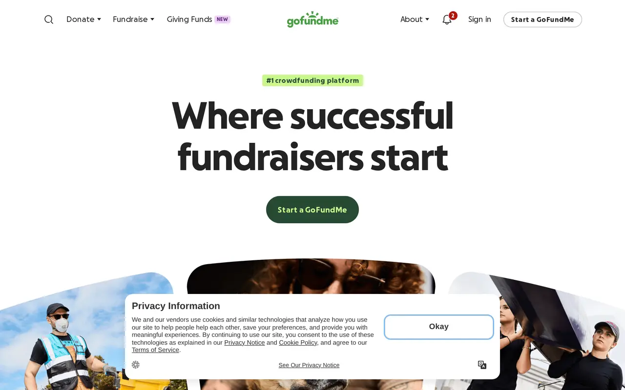 The GoFundMe homepage