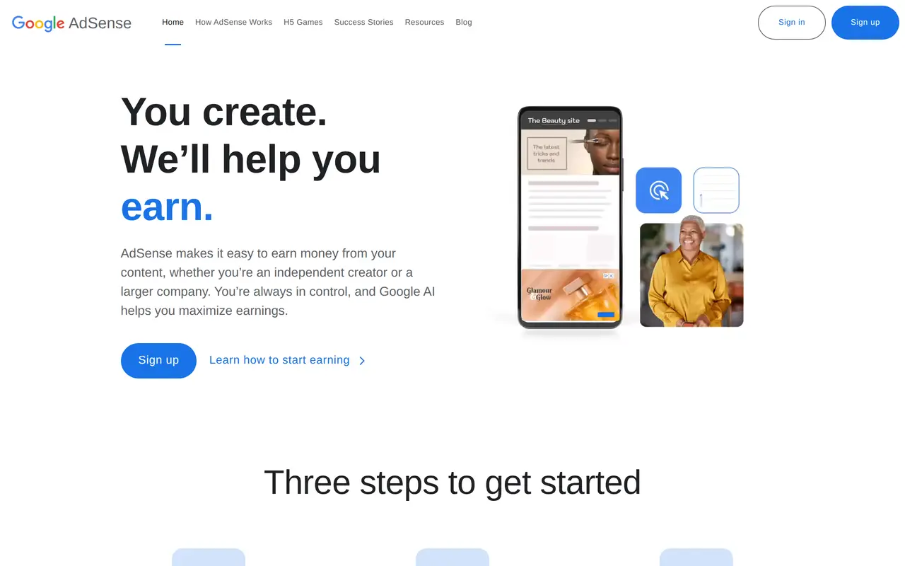 The Google AdSense homepage