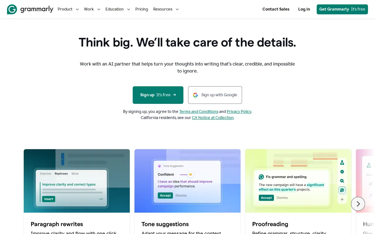 The Grammarly homepage