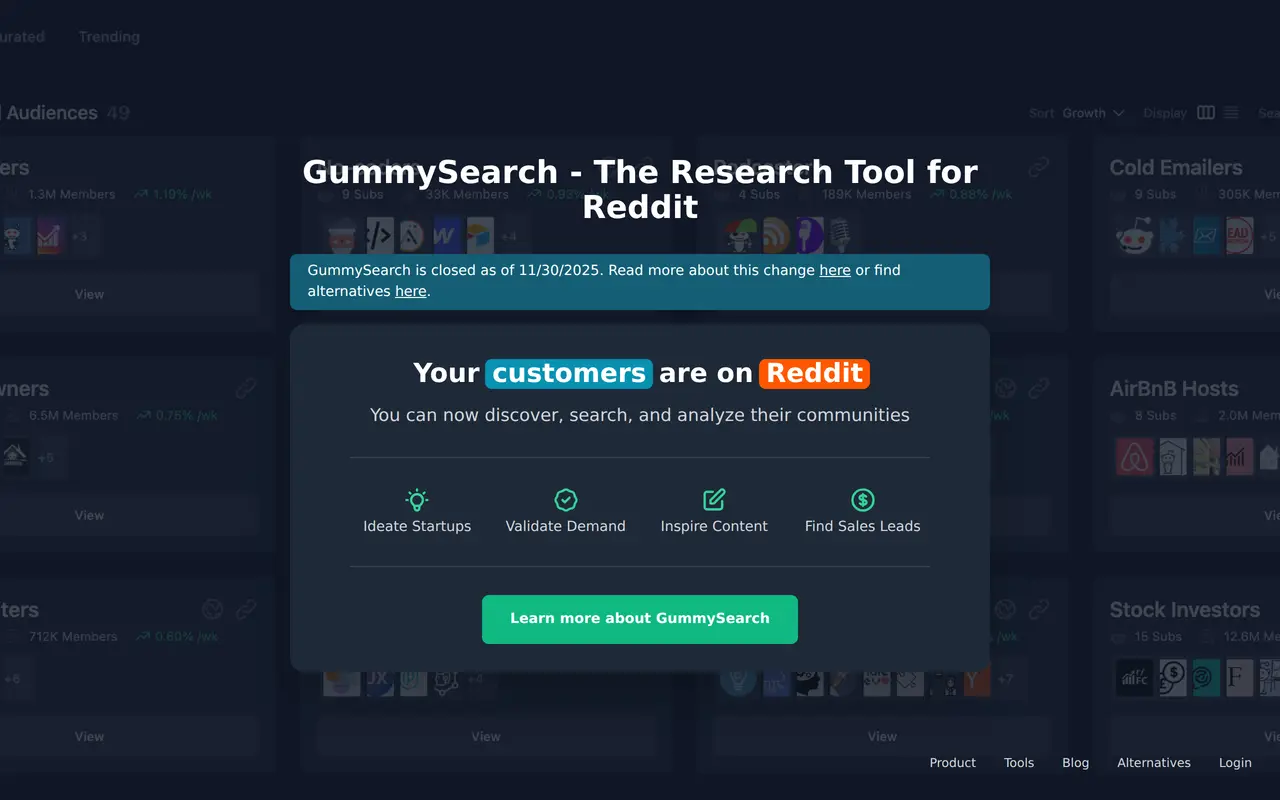 The GummySearch homepage