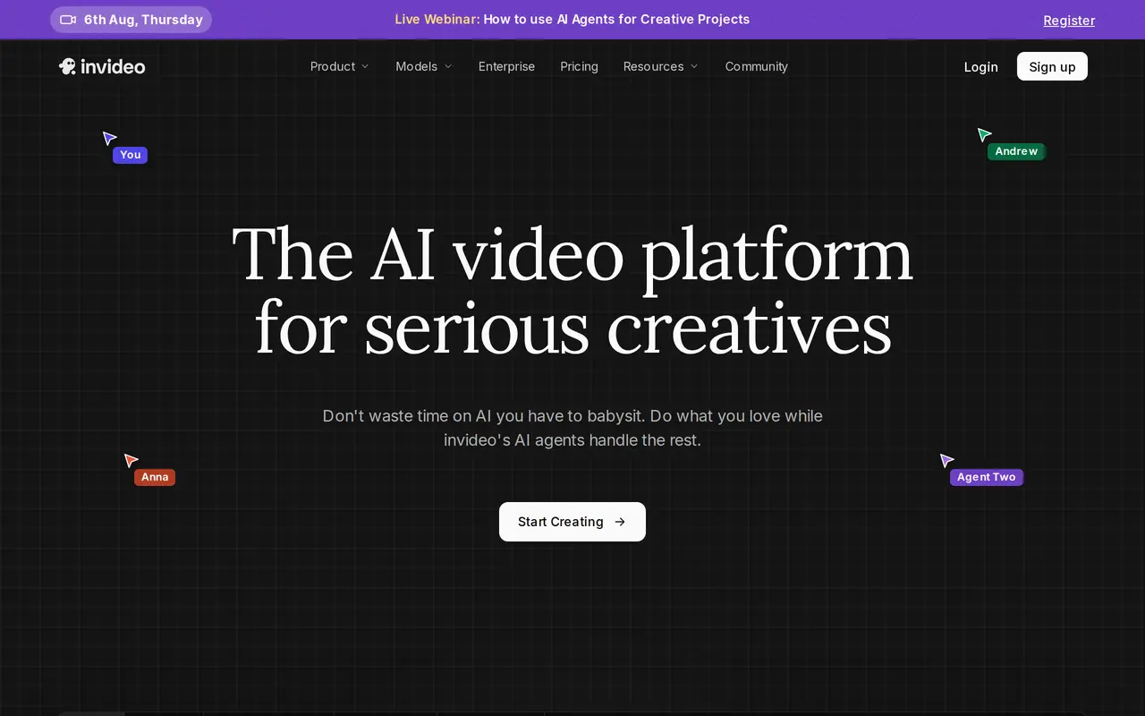 The invideo AI homepage