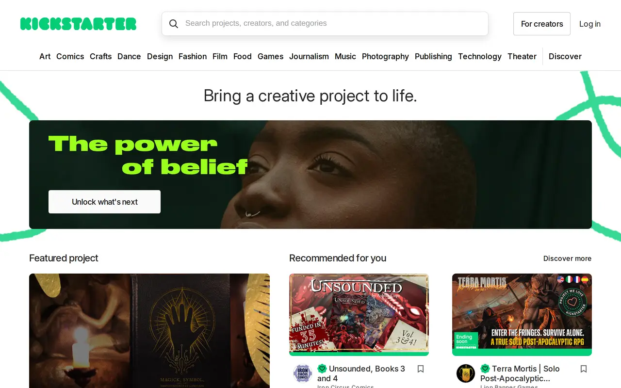The Kickstarter homepage