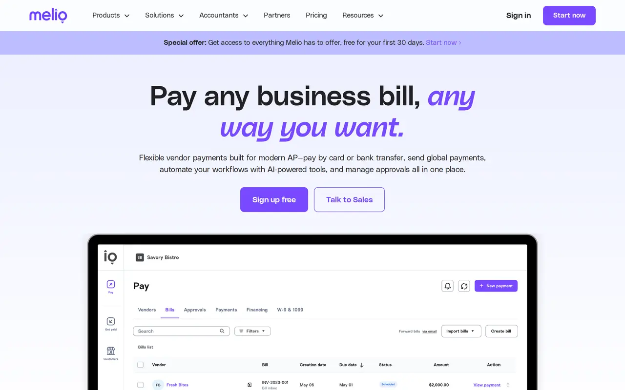 The Melio homepage