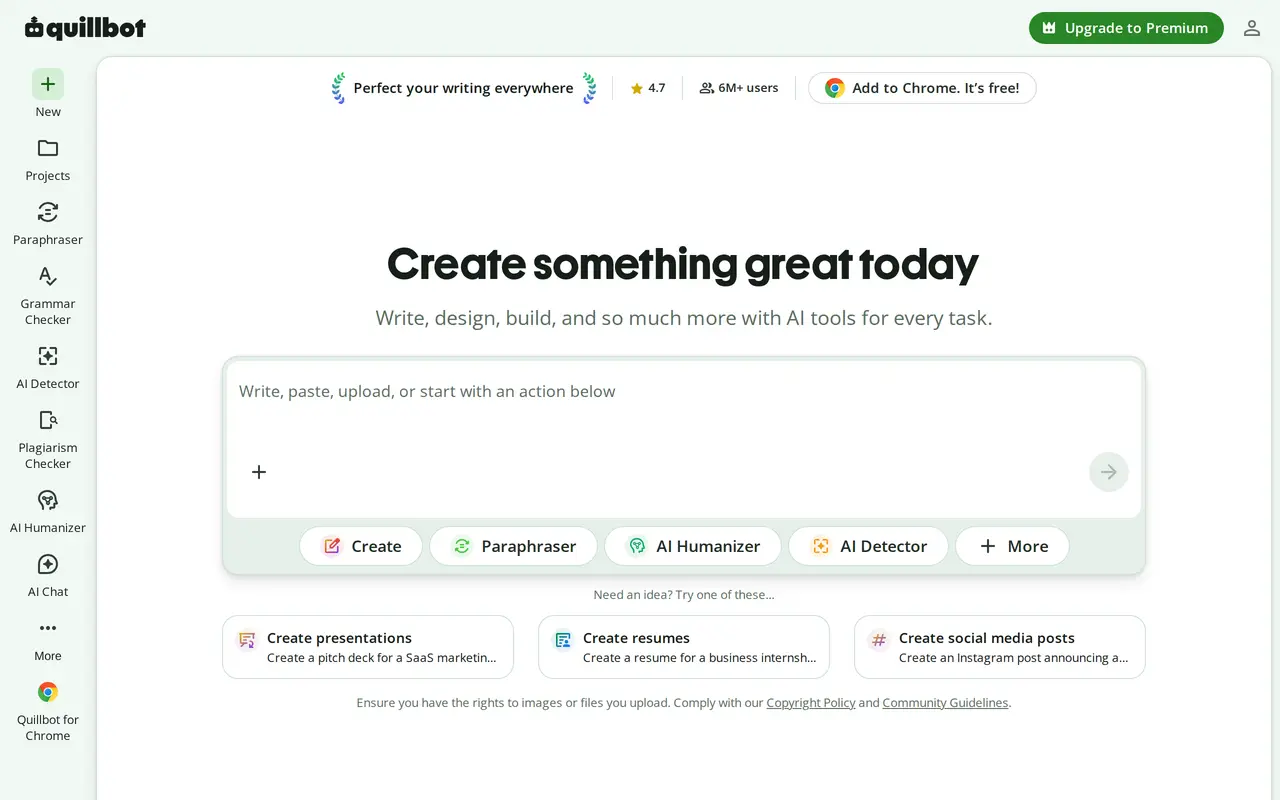 The QuillBot homepage
