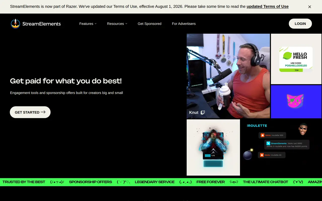 The StreamElements homepage