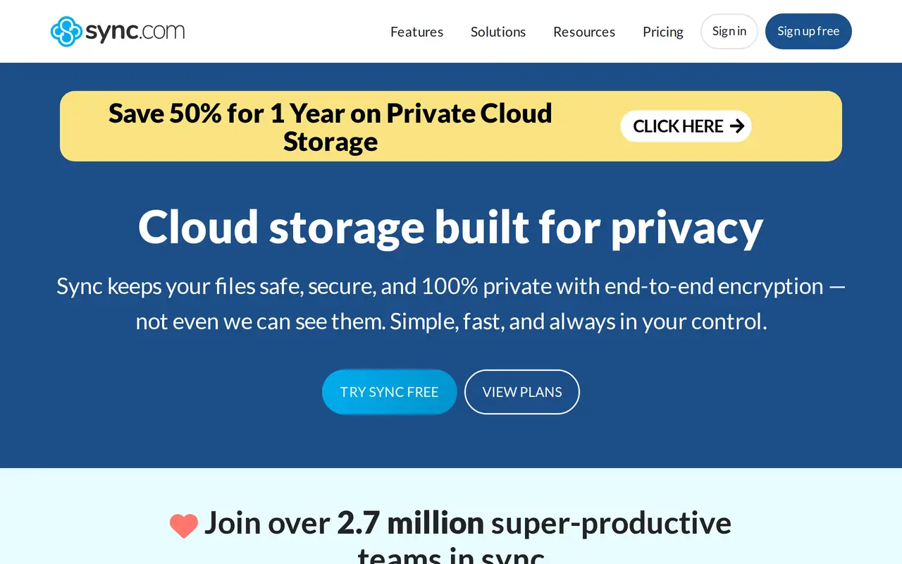 The Sync.com homepage