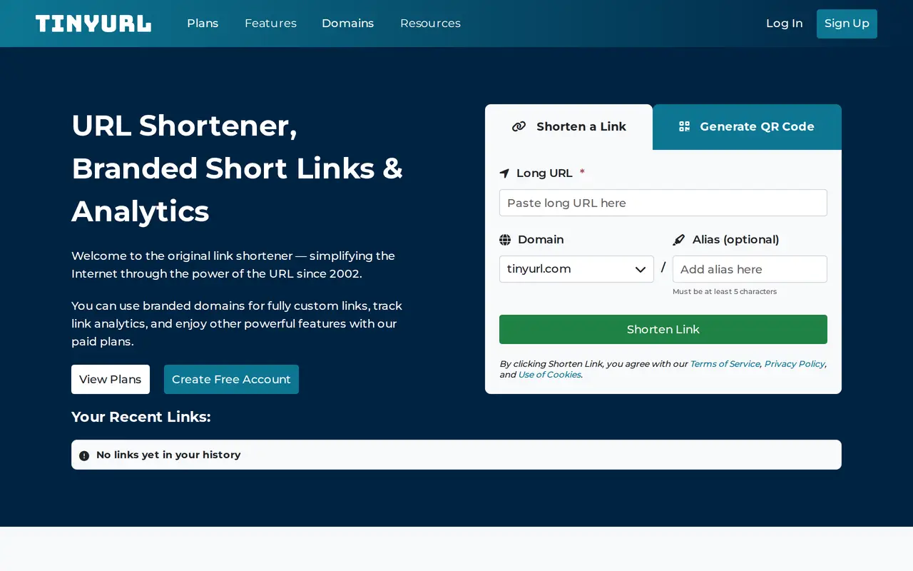 The TinyURL homepage