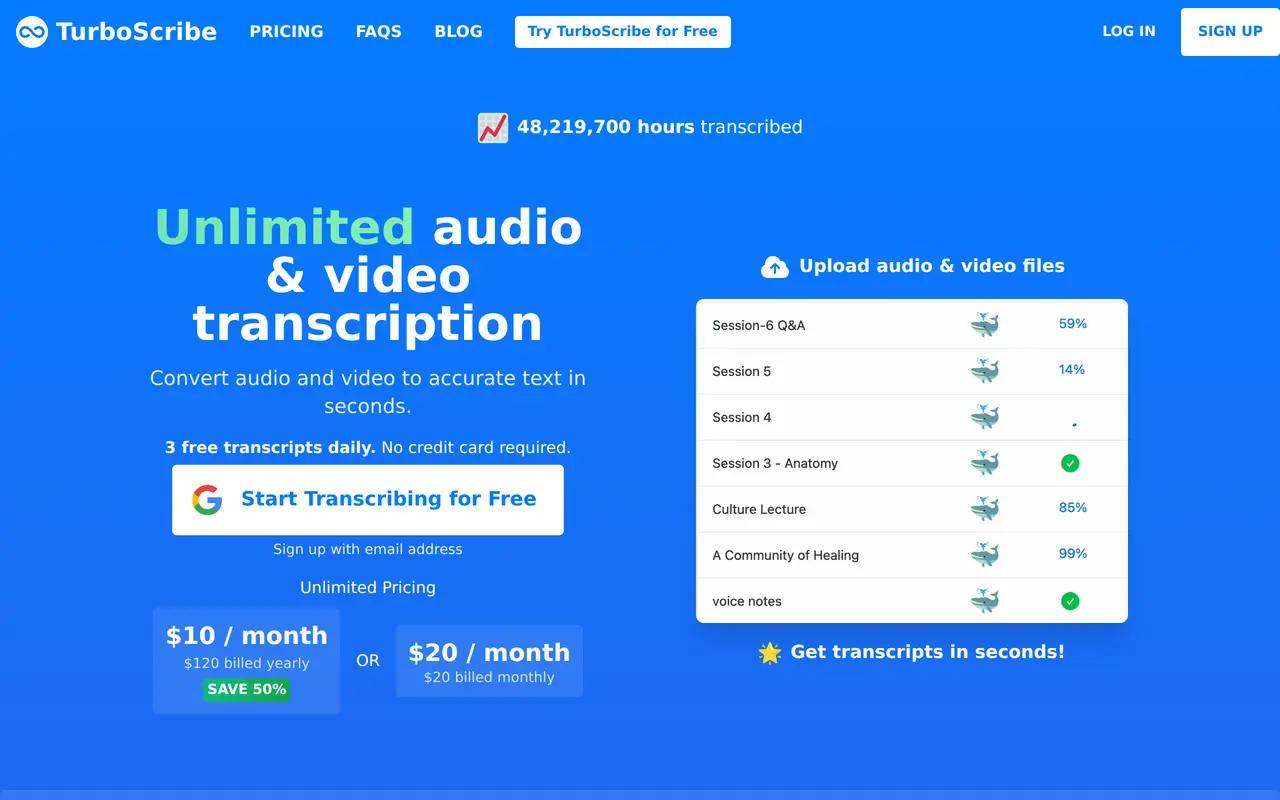 The TurboScribe homepage