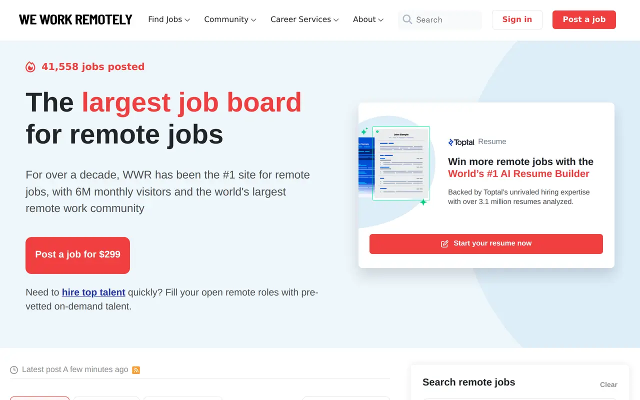 The We Work Remotely homepage