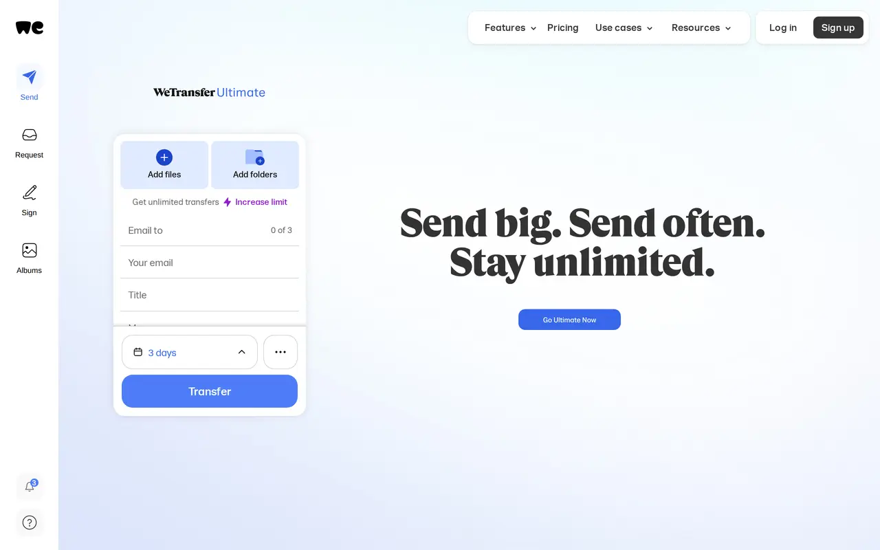 The WeTransfer homepage