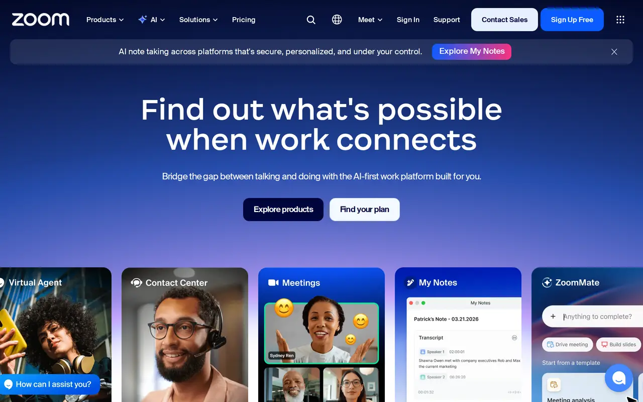 The Zoom homepage