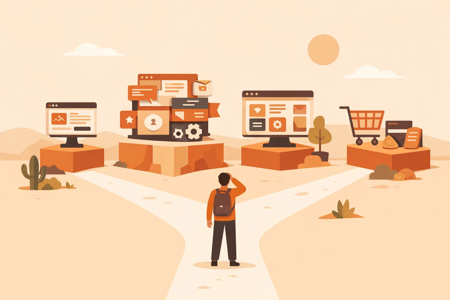 A visual metaphor for an article titled "Landing page and funnel tools for creators, compared". The angle: Survey the major options across the spectrum: single-purpose (Carrd, Framer) versus all-in-one (Systeme.io, ClickFunnels), plus WordPress-native (Elementor) and checkout-focused (Funnelish) choices.