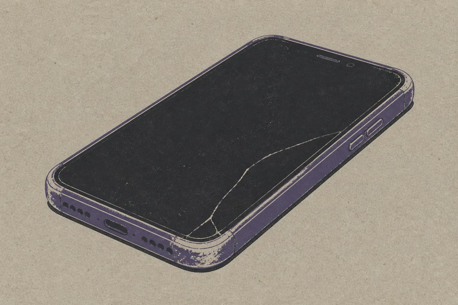 A smartphone lying flat with a dark screen, its case worn at the corners and a thin crack near one edge.