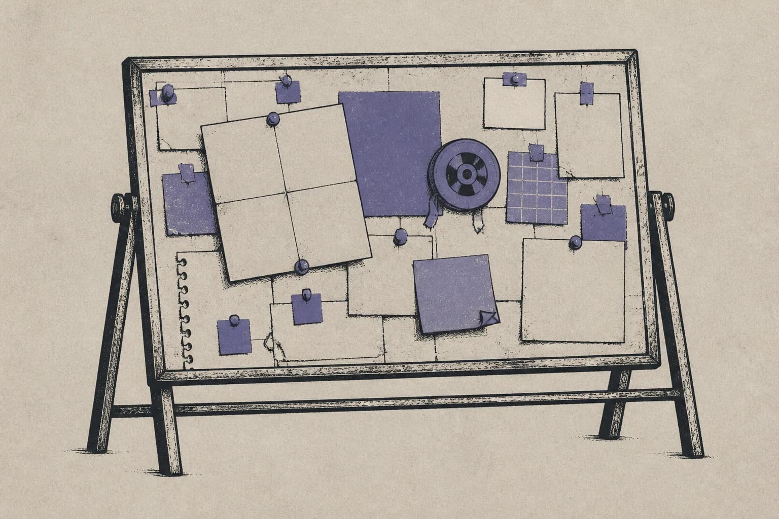 A large whiteboard on an easel covered with overlapping pinned items including a folded paper, a small tape reel and a curling sticky note, its edges worn from use.