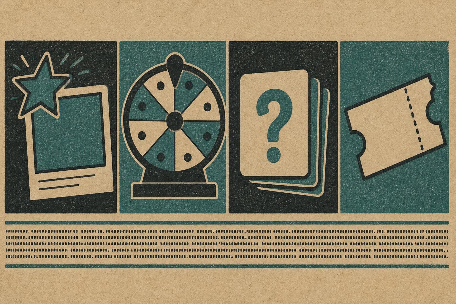 Four square tiles side by side, each showing a different contest type such as a photo frame, a spinning wheel, question cards, and a raffle ticket, with a strip of small dense marks representing fine print running underneath them.
