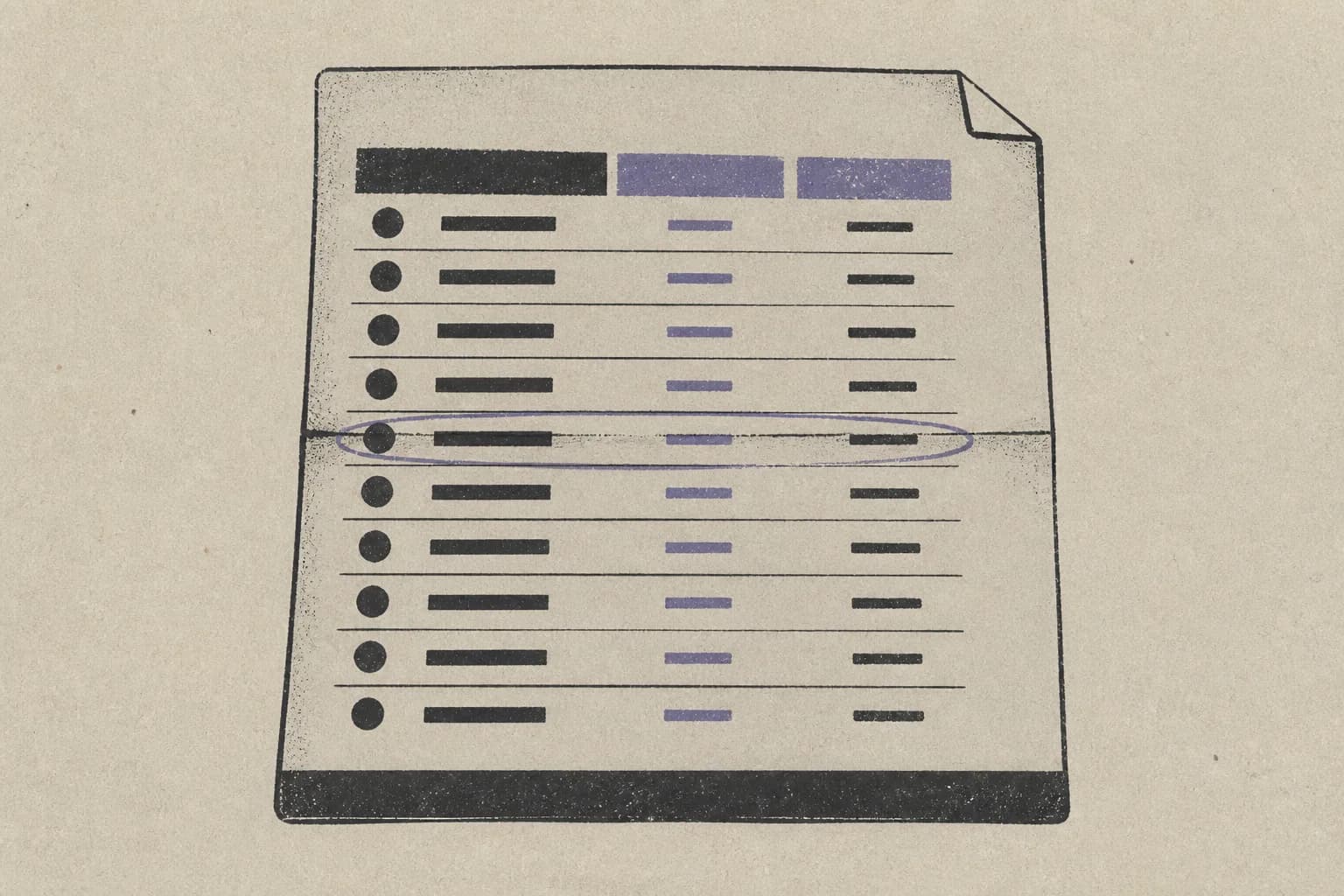 A printed pricing comparison sheet, folded once and dog-eared, with one row of the ranked list circled by hand.
