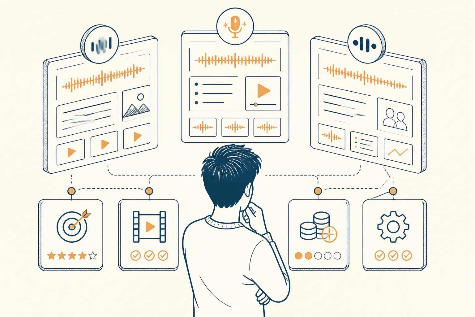 The moment a creator searches for how to choose a transcription & show notes tool: a few plausible options in front of them, and one decision to make. What the article tells them: Compares what matters when picking a tool, transcription accuracy, clip generation, pricing model, using Podsqueeze and peers like Castmagic and Otter.ai as examples.