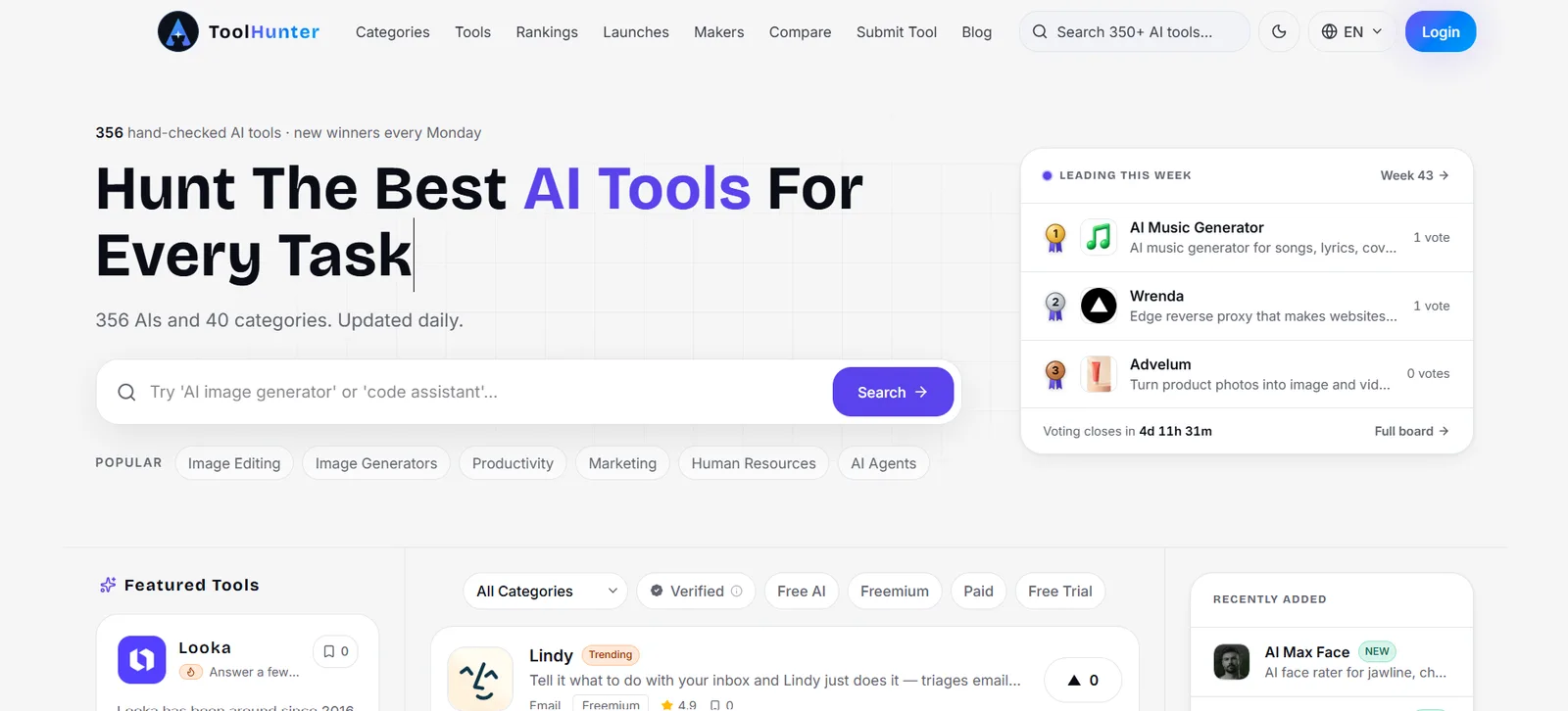ToolHunter homepage, where you can search 356+ AI tools, browse popular categories, and see this week's top-voted new tool launches.