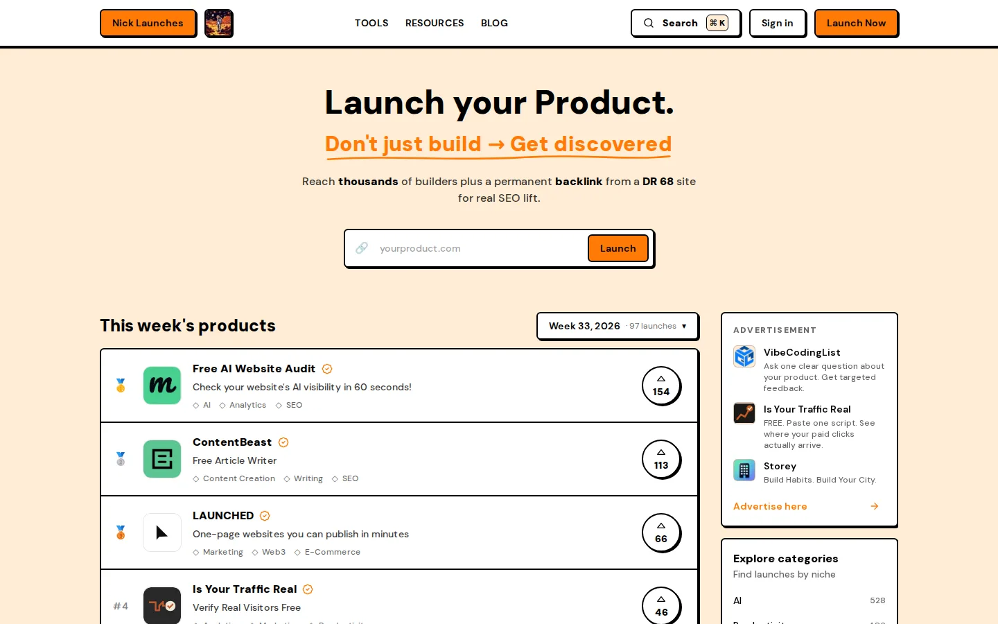 Nick Launches homepage: the week's ranked product launches with categories and vote counts.