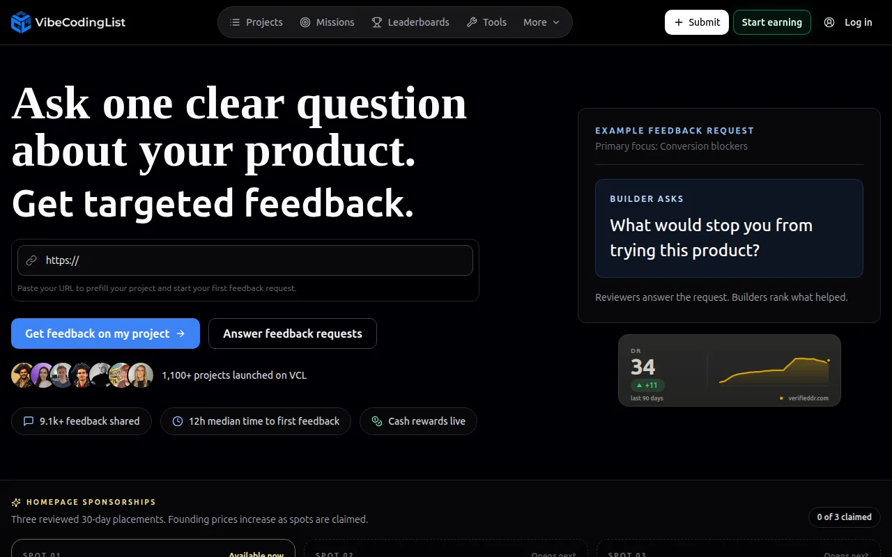 The Product Feedback for Vibe-Coded Apps | VibeCodingList home page