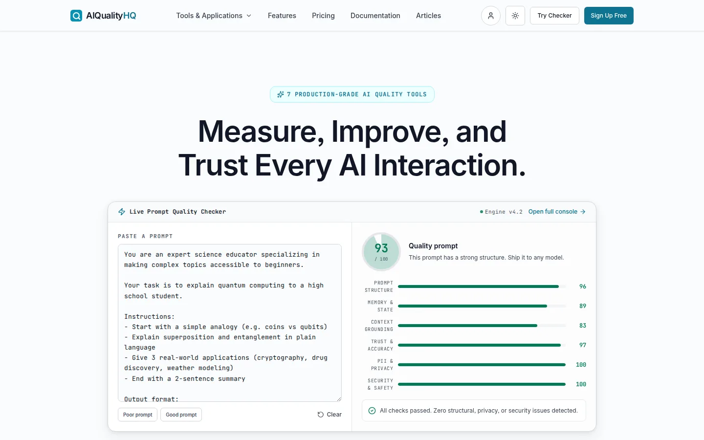 AIQualityHQ homepage with the live prompt quality checker scoring a sample prompt.